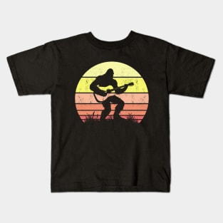 Bigfoot Playing Acoustic Guitar Vintage Sunset Music Lover Kids T-Shirt